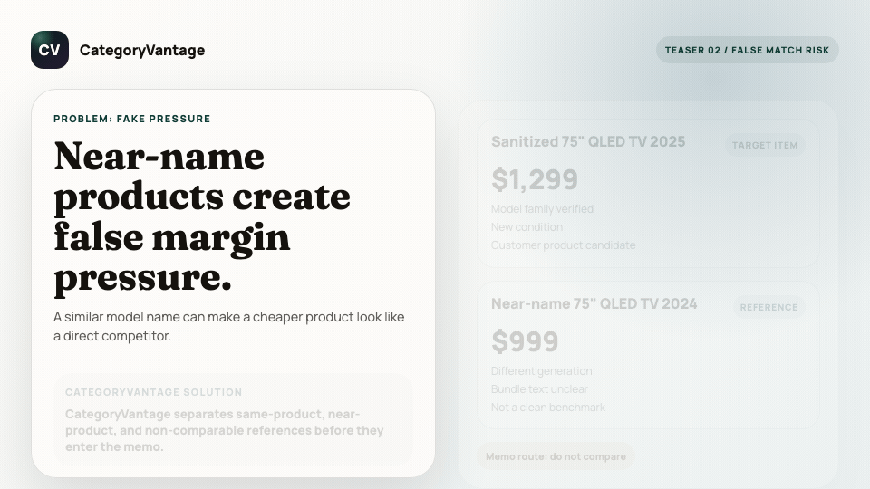 Sanitized false-match teaser showing comparable checks before a commercial memo.
